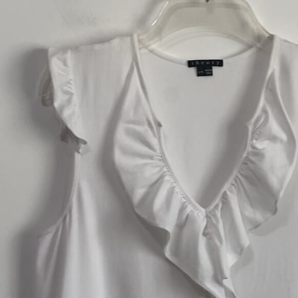 Theory Top Shirt L White Ruffle V Neck Sleeveless Stretch Summer Trendy Tee - Picture 4 of 10